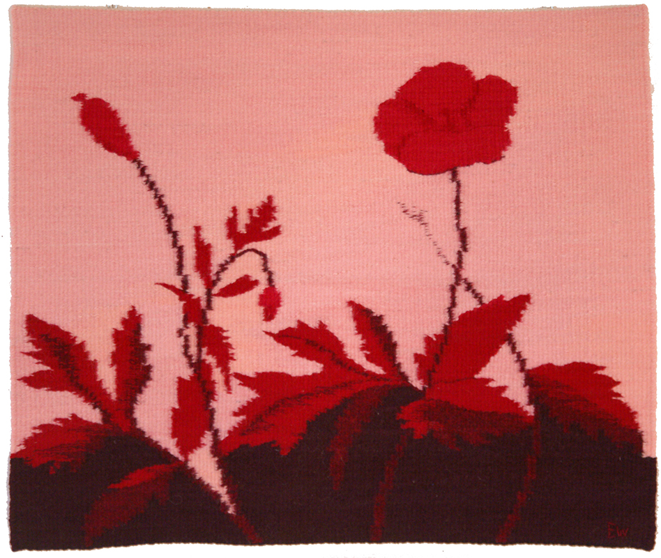 Elisabet Wahlström, Röd Rabatt, textil väv i gobelängteknik, 49 x 59 cm.
